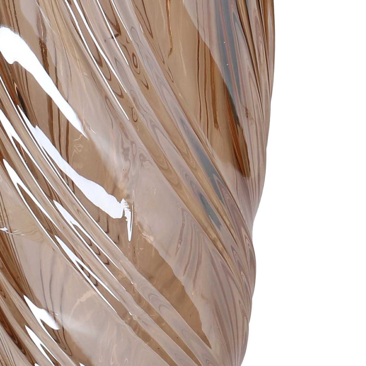 Vaso in vetro artistico di colore ambra trasparente del marchio Vacchetti, caratterizzato da una superficie lavorata con motivi a onda a spirale e bordo superiore irregolare e sinuoso.