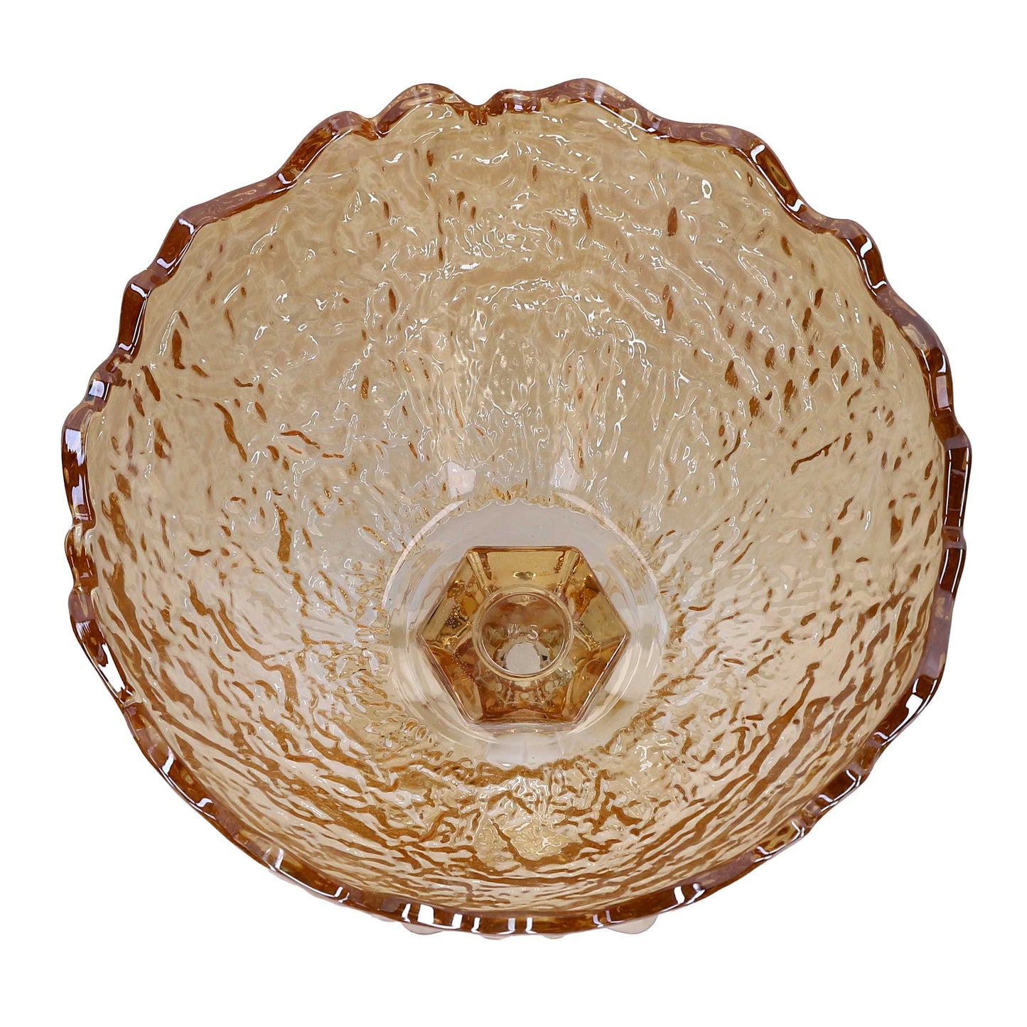Grande alzata in vetro color ambra con coppa profonda e bordi frastagliati a punta, caratterizzata da una texture superficiale increspata e base sfaccettata.