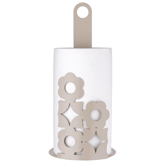 Portarotolo verticale in metallo color tortora con base circolare traforata a motivi floreali e asta centrale, mostrato vuoto e con un rotolo di carta inserito.