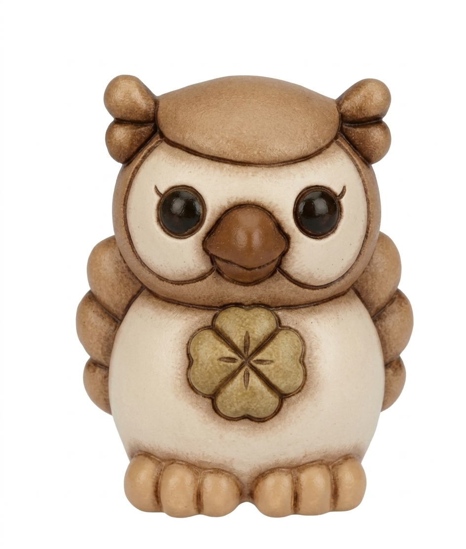 La statuetta Gufo Marrone Quadrifoglio THUN è un soprammobile in ceramica decorata a mano che raffigura un tenero gufetto marrone mentre stringe un quadrifoglio portafortuna verde. Questa creazione artigianale dal design dolce e curato è ideale come oggetto decorativo per la casa o come preziosa idea regalo da collezione firmata dal marchio.