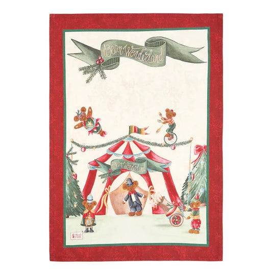 Strofinaccio natalizio in cotone Nuvole di Stoffa collezione "Bear Wonderland". Al centro, un circo magico con orsetti acrobati e domatori davanti a un tendone a strisce rosse. In alto, un nastro verde con la scritta dorata "Bear Wonderland" su fondo panna stellato, incorniciato da un doppio bordo verde e rosso.