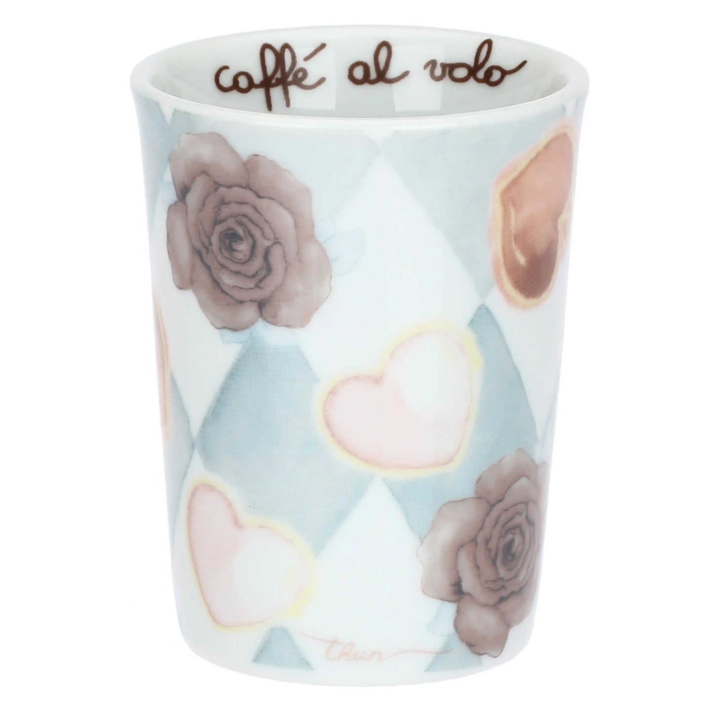 Caffeini in porcellana Thun collezione Incanto di Primavera. Design con motivo a rombi azzurro e bianco decorato con icone di chiavi dorate a forma di cuore e cuori pastello. Scritta interna "caffè al volo".