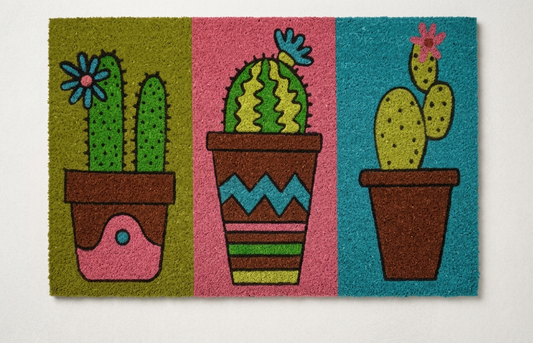 Focus principale su diverse tipologie di cactus con piccoli fiori colorati, presentati in vasi decorati con motivi a zig-zag o pois.