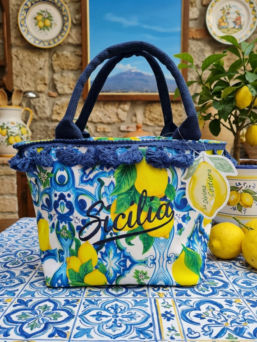 Borsetta con scritta a Fantasia Siciliana Blu "Amalfi"