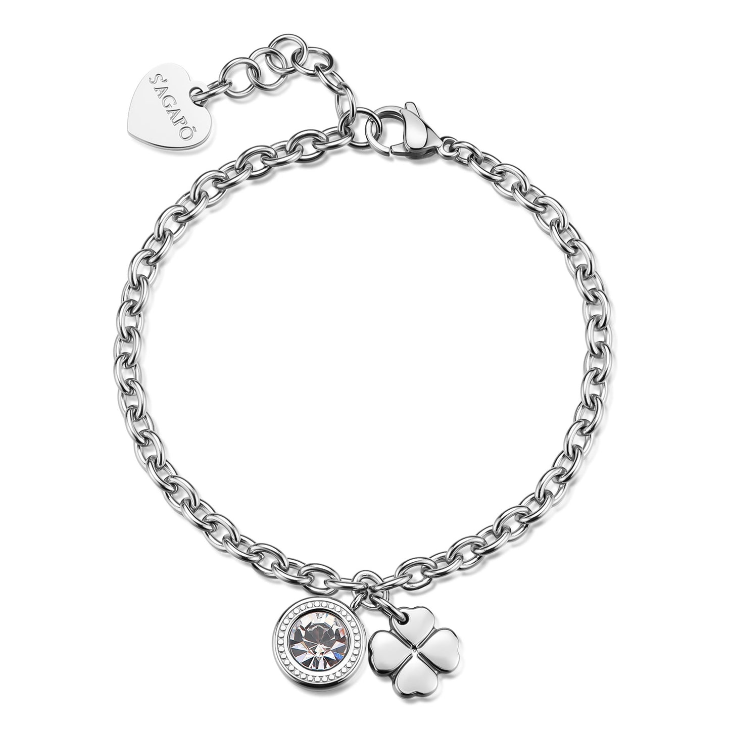 Bracciale in acciaio 316L a maglia classica ad anelli. Presenta un cristallo bianco brillante circolare in una ghiera decorata e un charm a quadrifoglio lucido. Chiusura a moschettone con charm S'Agapò.