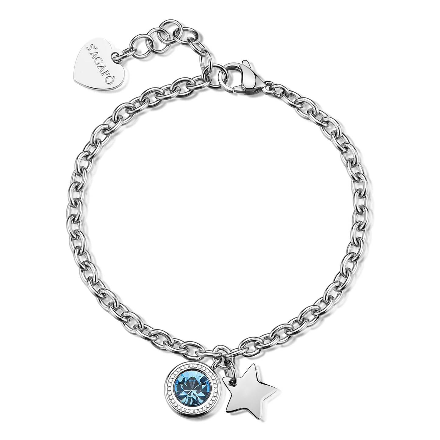 Bracciale in acciaio 316L a maglia classica ad anelli. Presenta un cristallo acquamarina brillante circolare in una ghiera decorata e un charm a stella lucido. Chiusura a moschettone con charm S'Agapò.