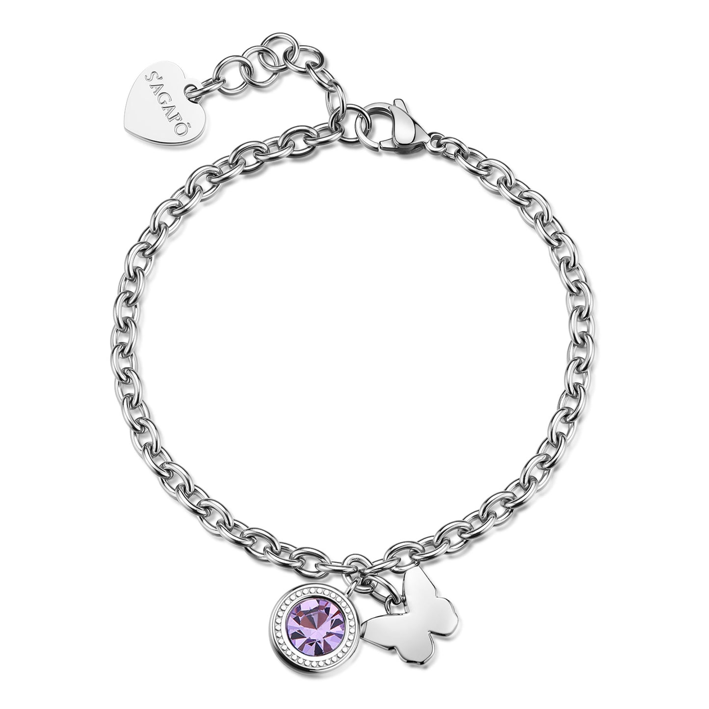 Bracciale in acciaio 316L a maglia classica ad anelli. Presenta un cristallo viola brillante circolare in una ghiera decorata e un charm a farfalla lucido. Chiusura a moschettone con charm S'Agapò.