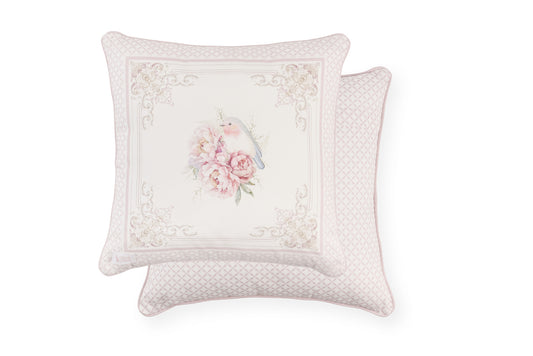 Cuscini Nuvole di Stoffa con stampa primaverile di grandi fiori rosa e peonie. Bordo rifinito con motivi ornamentali classici e cornice rosa cipria.