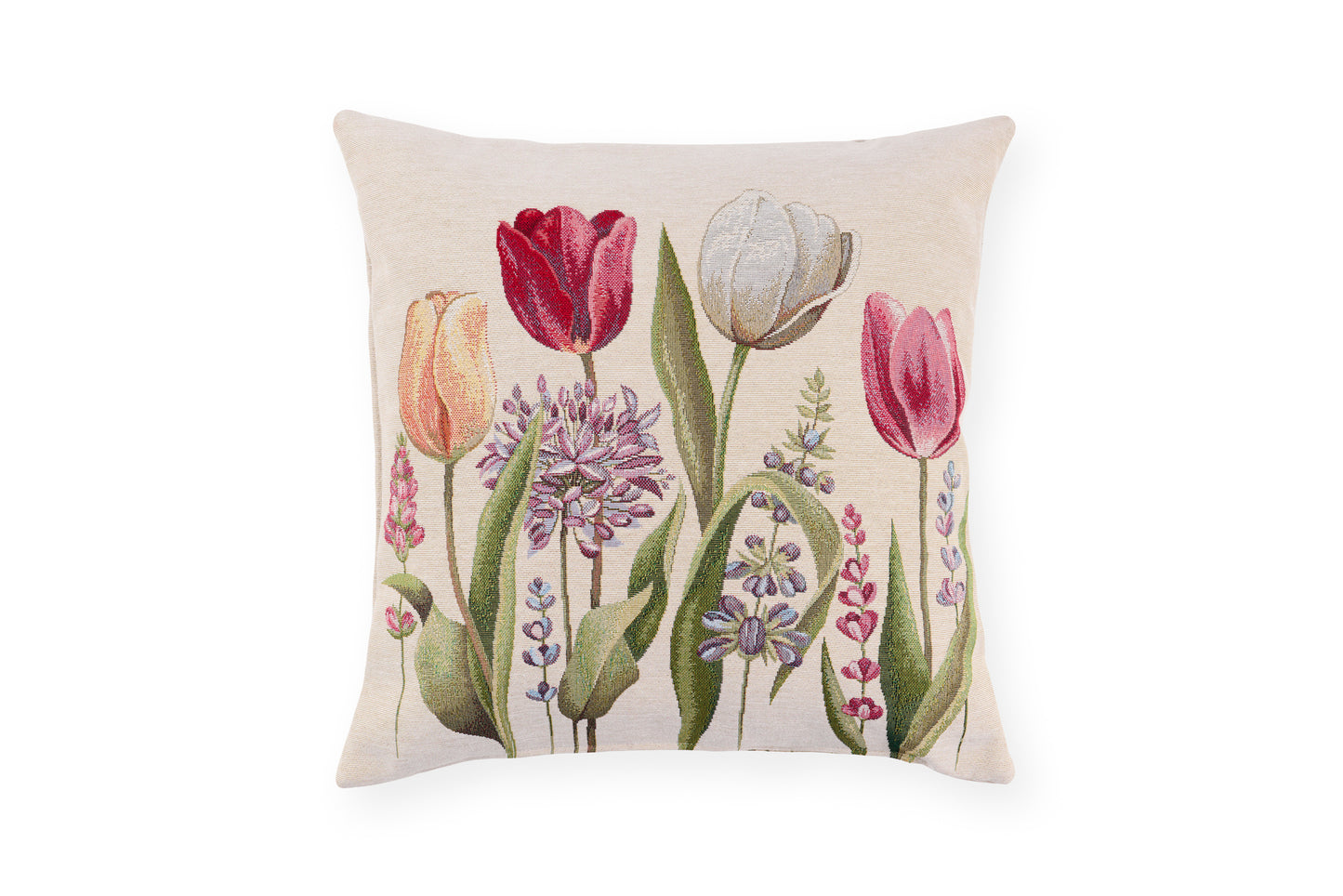 Cuscino primaverile Nuvole di Stoffa con stampa composta da tulipani colorati, piante e fiori. Tessuto elegante per la casa di Pasqua 2026