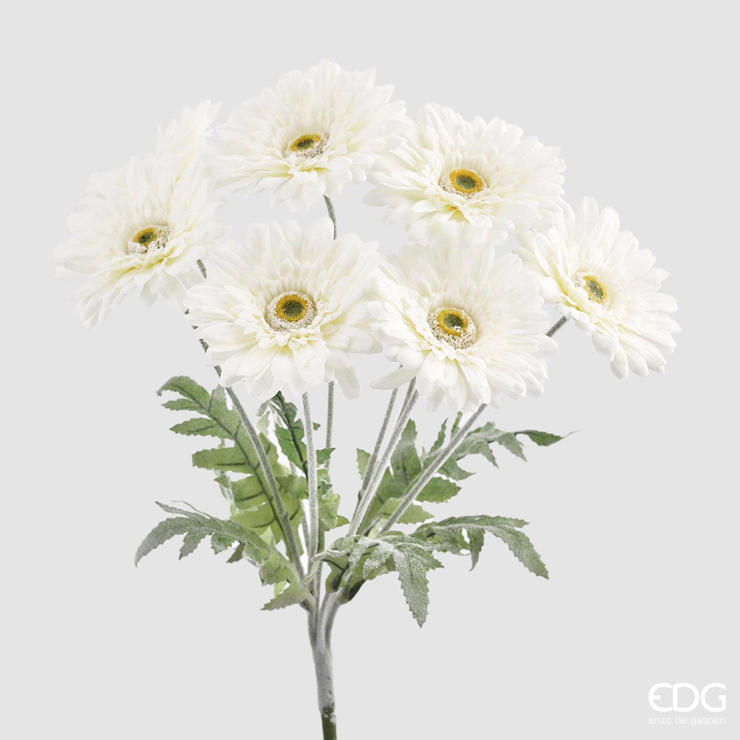 Cespuglio di gerbera artificiali EDG Enzo de Gasperi in silicone bianco con foglie verdi. Fiori realistici e steli uniti, ideali per decorazioni floreali durevoli e home decor.