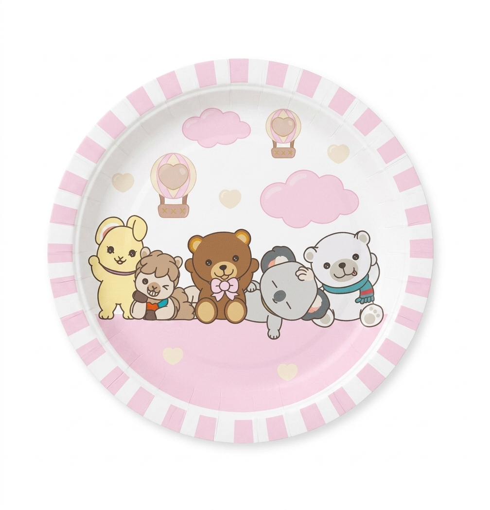 Piatto tondo di carta per feste con bordo a righe bianche e rosa e illustrazione centrale di vari animaletti (orsetti, koala) tra nuvole rosa e mongolfiere.