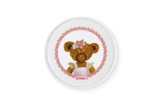 Set Piattino e paletta Nuvole di Stoffa linea Sweet Bear per Pasqua 2026. Medaglione centrale con orsetta e ghirlanda di rose e bordi a righe sottili. Decorazione tenera per cameretta o tavola.