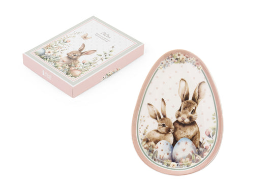 Piattino Nuvole di Stoffa linea PePen in porcellana. Decorazione pasquale con ghirlanda di coniglietti, uova colorate e fiori di campo. Confezione regalo inclusa, stile shabby chic.