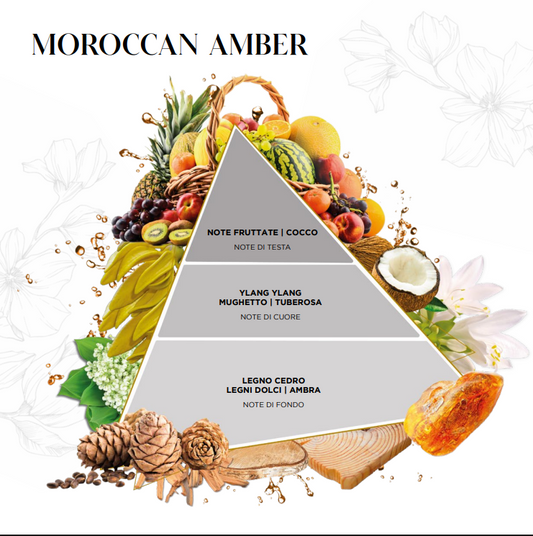 La Piramide Olfattiva Moroccan Amber EDG mostra la struttura di questa fragranza per ambienti, che si apre con fresche note di testa fruttate arricchite dal cocco. Il grafico illustra lo sviluppo verso un cuore floreale di ylang ylang, mughetto e tuberosa, per poi adagiarsi su calde note di fondo di legno cedro, legni dolci e ambra.
