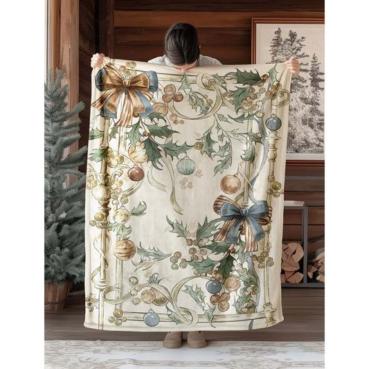 Maxi Plaid natalizio Blanc Mariclò mostrato aperto in un interno accogliente. Il decoro artistico presenta ghirlande, fiocchi classici e motivi botanici su fondo chiaro in stile vintage chic.