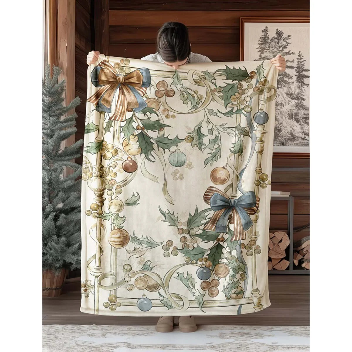 Maxi Plaid natalizio Blanc Mariclò mostrato aperto in un interno accogliente. Il decoro artistico presenta ghirlande, fiocchi classici e motivi botanici su fondo chiaro in stile vintage chic.