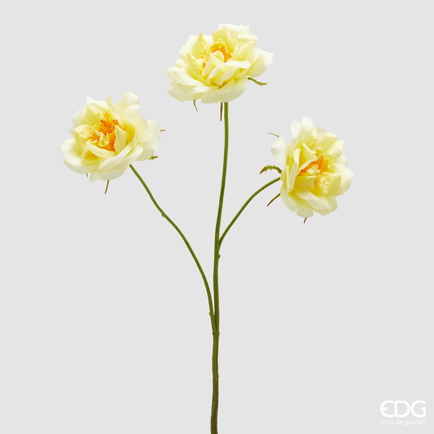 Ramo di rose gialle artificiali EDG Enzo de Gasperi in silicone giallo con ramo verde. Fiori realistici ideali per decorazioni floreali durevoli e home decor.