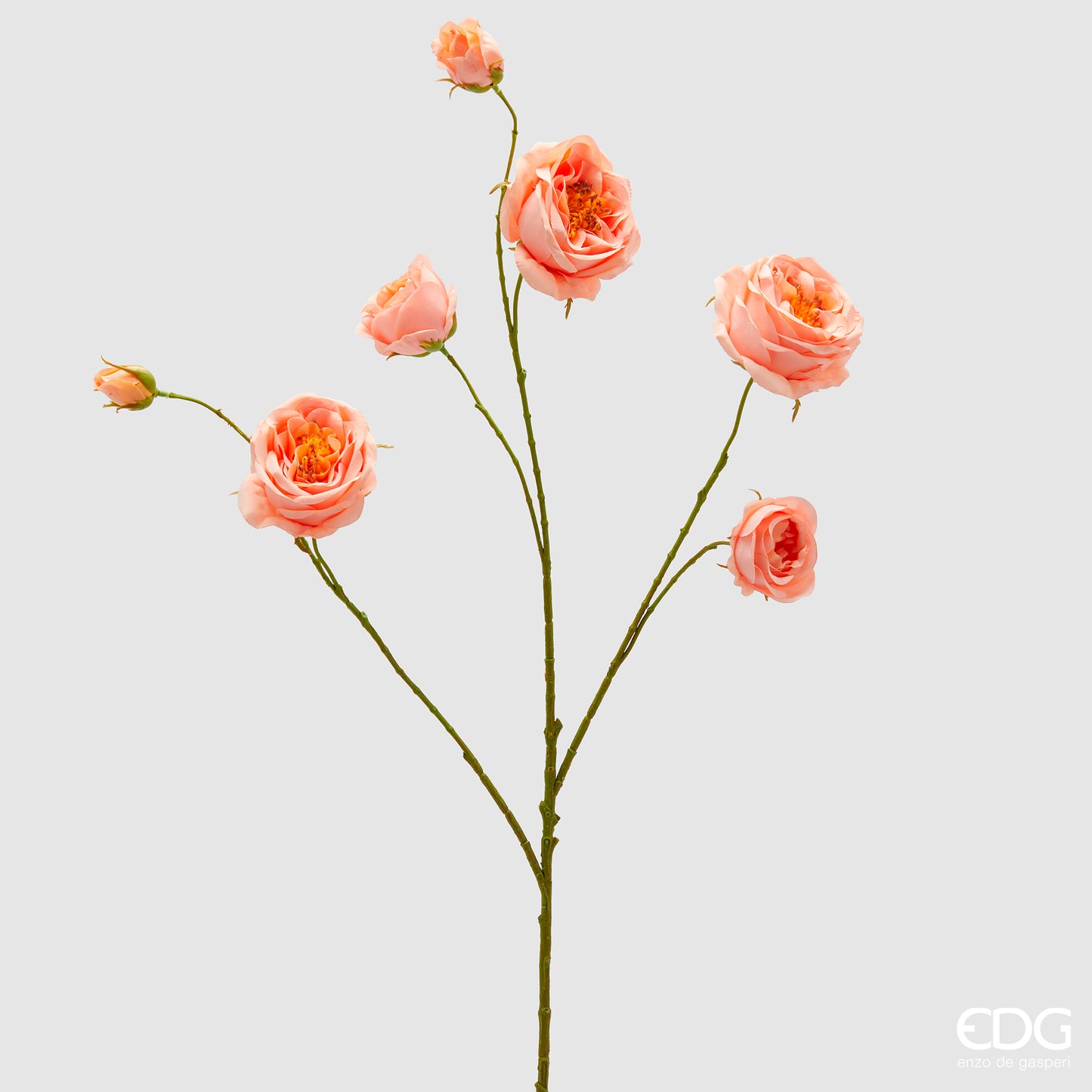 Ramo di rose salmone artificiali EDG Enzo de Gasperi in silicone rosa con ramo verde. Fiori realistici ideali per decorazioni floreali durevoli e home decor.