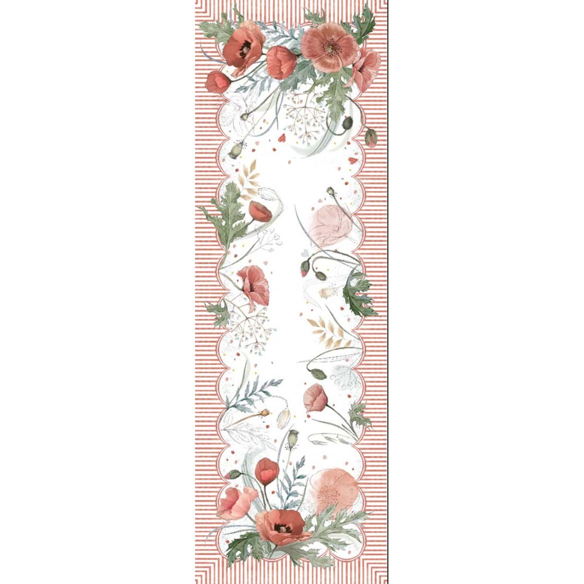Stampa per intero del runner Blanc Mariclo' linea Coquelicot con stampa di papaveri rossi e boccioli. Cornice decorativa a righe verticali rosse con piccoli cuori. Design floreale elegante in stile country chic.
