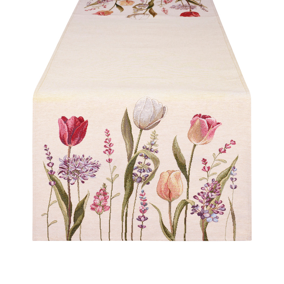 Runner primaverile Nuvole di Stoffa con bordo decorato da tulipani colorati, piante e fiori. Tessuto elegante per la tavola di Pasqua 2026