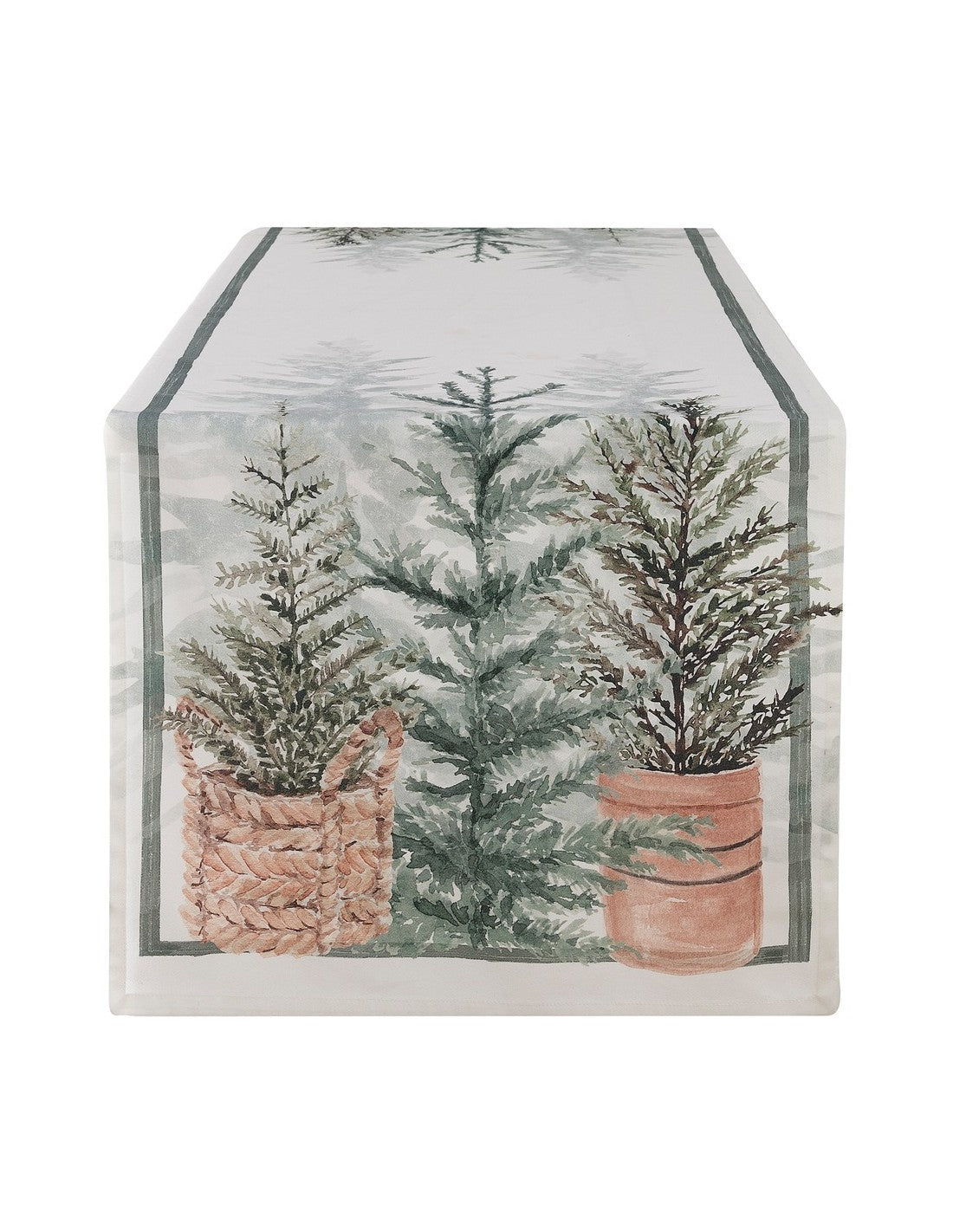 Runner natalizio bianco Winter Wonderland di Blanc Mariclò. Stampa frontale con tre alberi di Natale in vaso di terracotta e cesto di paglia. Design elegante in stile acquerello su sfondo neutro.