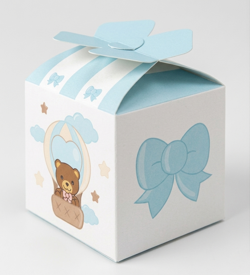 Scatolina porta confetti di forma cubica con chiusura a fiocco celeste superiore, decorata con illustrazioni di un orsetto in mongolfiera e grandi fiocchi celeste su sfondo bianco.