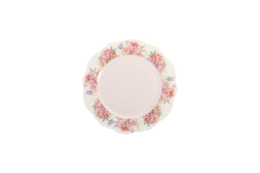 Set due Piatti new bone in porcellana Nuvole di Stoffa con stampa primaverile di grandi fiori rosa e peonie. Bordo rifinito con motivi ornamentali classici e cornice rosa cipria. Per tavole romantiche e shabby chic.