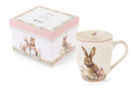 Dolce set Nuvole di Stoffa linea PePen tazza mug alta e box decorata. Decorazione pasquale con ghirlanda di coniglietti, uova colorate e fiori di campo. Confezione regalo inclusa, stile shabby chic.