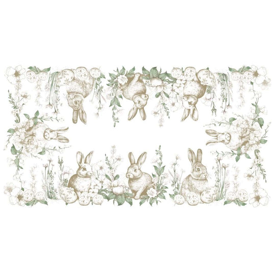 Tovaglia con gala "Le Jardin Des Lapins" Blanc Mariclo' in stile shabby chic. Stampa delicata con coniglietti in tonalità seppia, uova decorate e fiori primaverili verdi su fondo bianco puro.