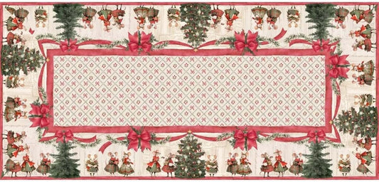 Panoramica dall'alto della tovaglia Blanc Mariclò 150x220 cm. Il pattern esteso mostra la ripetizione di alberi addobbati, topini e la grande cornice rossa centrale su fondo a piccoli rombi.