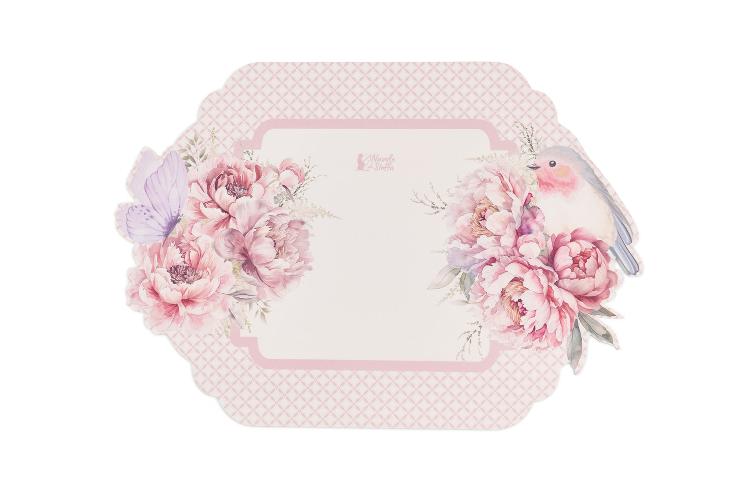 Tovaglietta in Vinile Nuvole di Stoffa con stampa primaverile di grandi fiori rosa e peonie. Bordo rifinito con motivi ornamentali classici e cornice rosa cipria. Per tavole romantiche e shabby chic.
