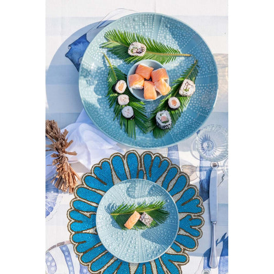 Tovaglietta decorativa Blanc Mariclo' linea Maldive ricamata color beige e turchese. Ricamo marina con coralli. Tessuto d'arredo per tavole estive.