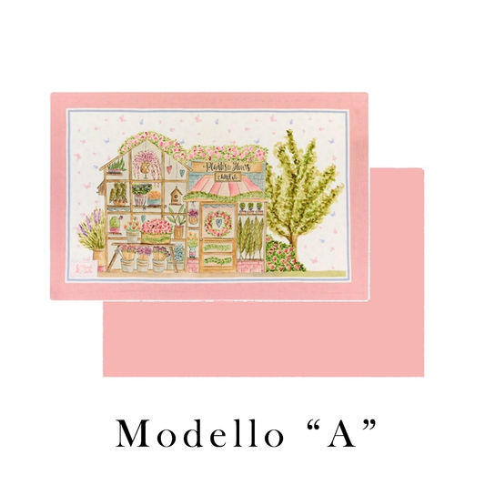 Tovagliette Nuvole di Stoffa linea "La Vie en Rose" con illustrazioni di negozi parigini e pasticcerie vintage. Decorazione con ghirlande di rose, cuori azzurri con fiocchi rosa e farfalle su fondo bianco