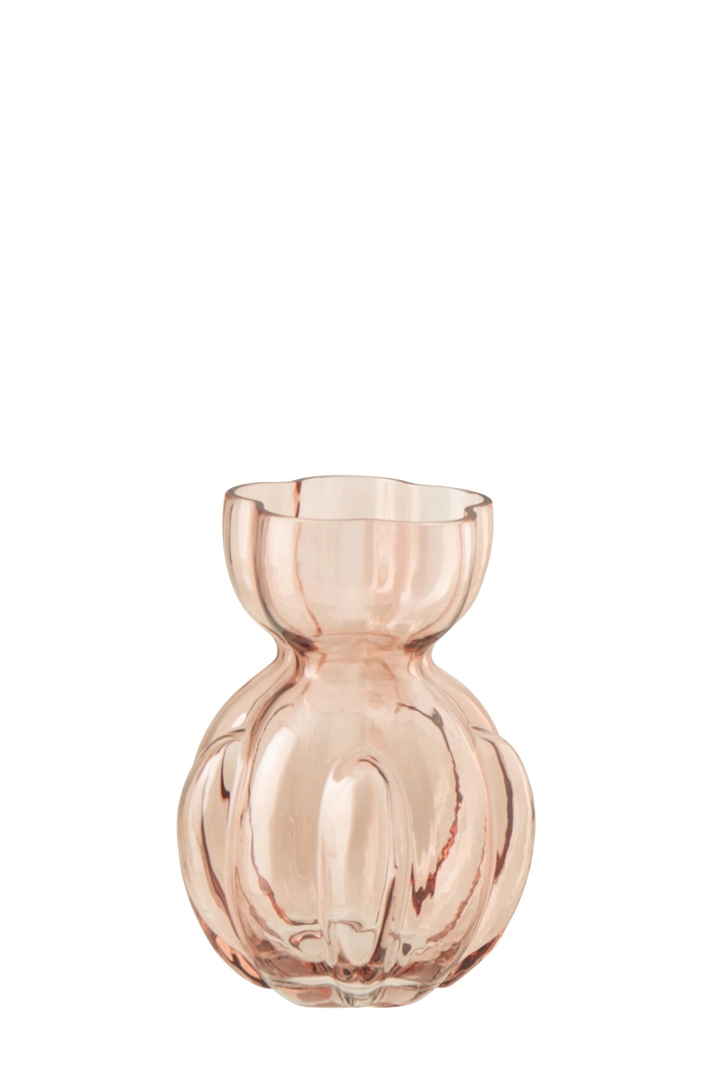 Vaso in vetro trasparente color rosa salmone modello Hubert piccolo firmato Jolipa, caratterizzato da un design sinuoso con una superficie a coste verticali e un collo stretto che si apre in un'ampia imboccatura ondulata. Questo raffinato vaso decorativo si adatta perfettamente a interni moderni ed eleganti, ideale sia come portafiori sia come ricercato complemento d'arredo per la casa.