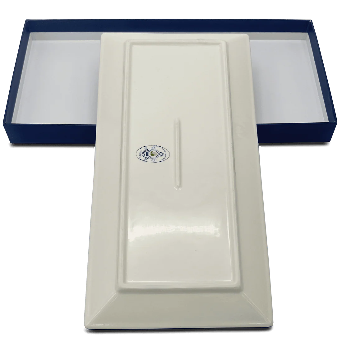 Retro del vassoio in ceramica della collezione Fantasia Siciliana Blu, che evidenzia la finitura bianca pulita e la robustezza del materiale ceramico artigianale.