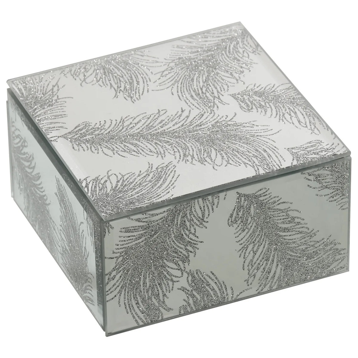 Portagioie quadrato in vetro specchiato interamente decorato con motivo di piume glitterate argentate su tutte le facce. Scatola portagioie elegante firmata E-Camacho, ideale come oggetto d'arredo glamour o idea regalo raffinata.
