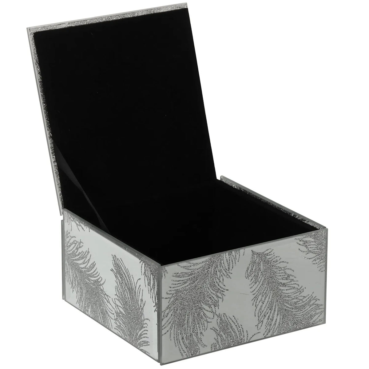 Portagioie quadrato in vetro specchiato interamente decorato con motivo di piume glitterate argentate su tutte le facce. Scatola portagioie elegante firmata E-Camacho, ideale come oggetto d'arredo glamour o idea regalo raffinata.
