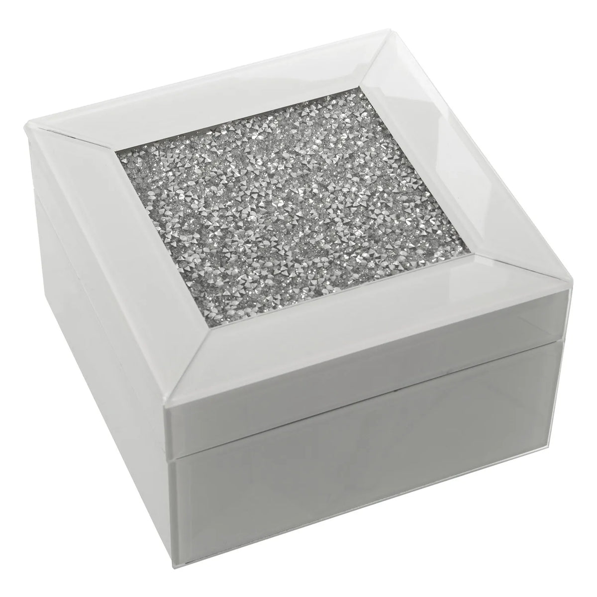 Portagioie quadrato in vetro bianco lucido con coperchio incorniciato e centro interamente ricoperto di brillantini argentati sfaccettati. Scatola portagioie elegante firmata E-Camacho, ideale come oggetto d'arredo glamour o idea regalo raffinata.