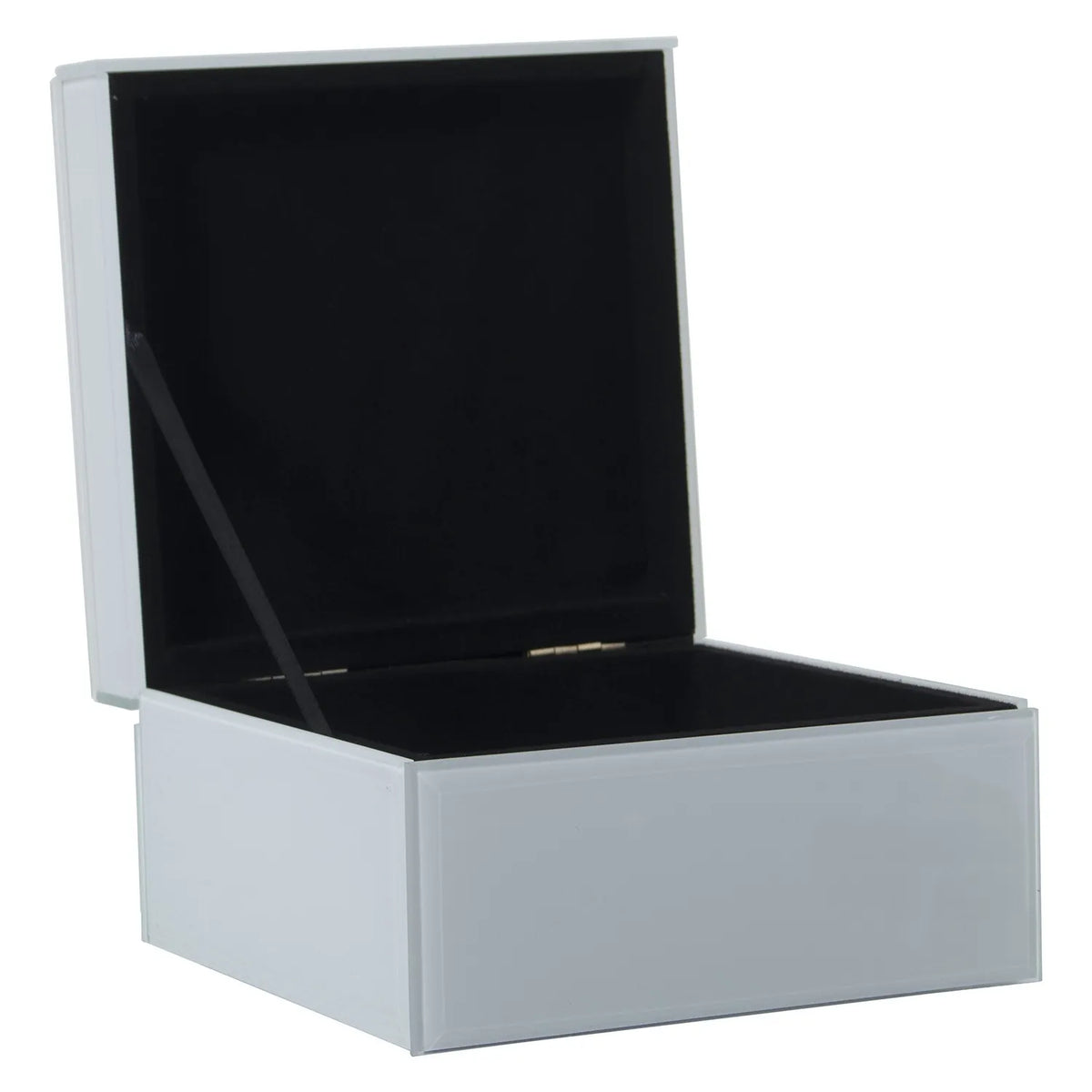 Portagioie quadrato in vetro bianco lucido con coperchio incorniciato e centro interamente ricoperto di brillantini argentati sfaccettati. Scatola portagioie elegante firmata E-Camacho, ideale come oggetto d'arredo glamour o idea regalo raffinata.