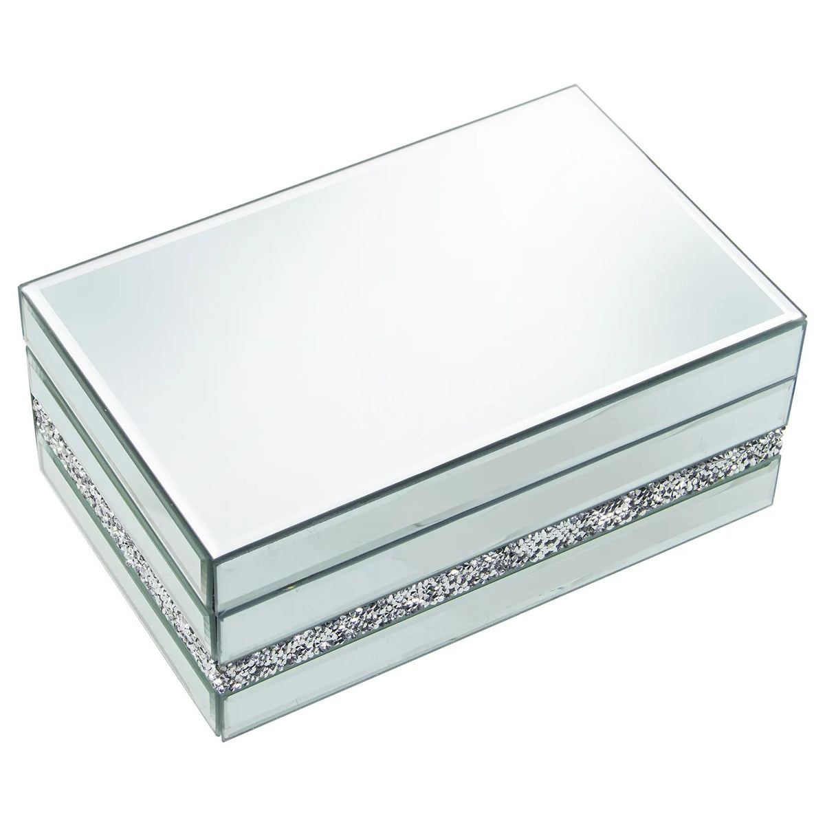 Portagioie rettangolare in vetro specchiato con coperchio liscio, decorato lungo la fascia centrale del corpo da una striscia di brillantini argentati incastonati. Scatola portagioie elegante firmata E-Camacho, ideale come oggetto d'arredo glamour o idea regalo raffinata.