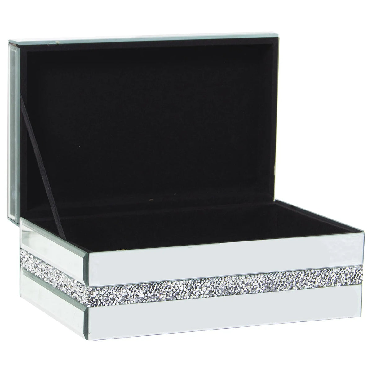 Portagioie rettangolare in vetro specchiato con coperchio liscio, decorato lungo la fascia centrale del corpo da una striscia di brillantini argentati incastonati. Scatola portagioie elegante firmata E-Camacho, ideale come oggetto d'arredo glamour o idea regalo raffinata.