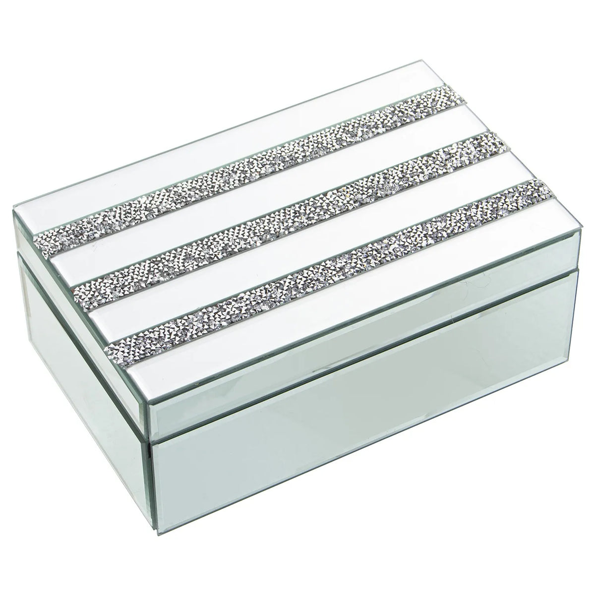Portagioie rettangolare in vetro specchiato con coperchio attraversato da tre fasce parallele interamente incastonate di brillantini trasparenti sfaccettati. Scatola portagioie elegante firmata E-Camacho, ideale come oggetto d'arredo glamour o idea regalo raffinata.