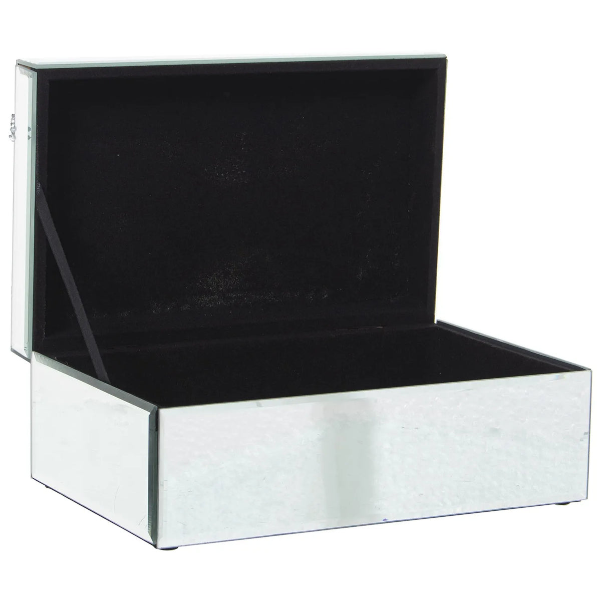 Portagioie rettangolare in vetro specchiato con coperchio attraversato da tre fasce parallele interamente incastonate di brillantini trasparenti sfaccettati. Scatola portagioie elegante firmata E-Camacho, ideale come oggetto d'arredo glamour o idea regalo raffinata.