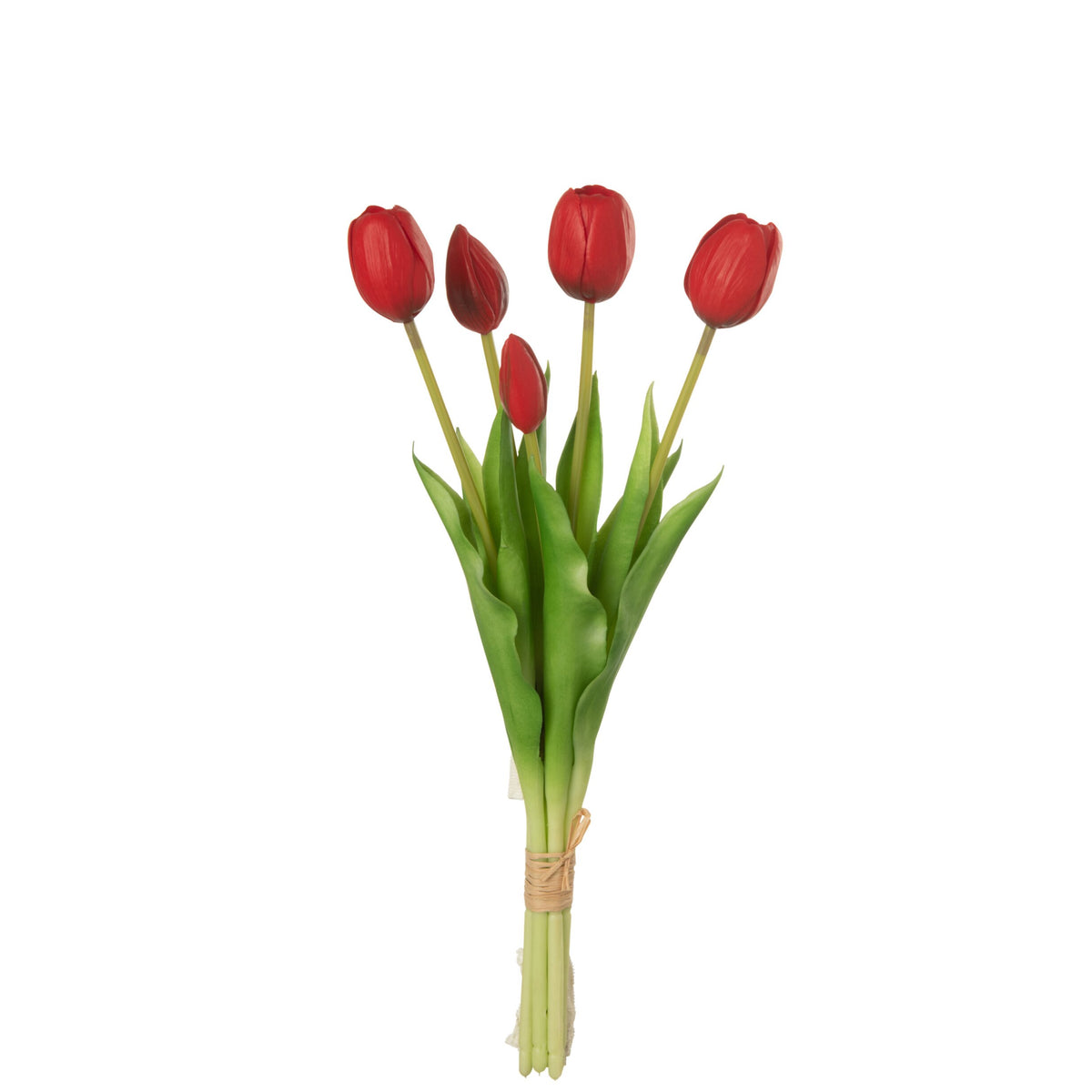 Mazzo di cinque tulipani artificiali rossi in PU jolipa, con boccioli aperti e chiusi, lunghe foglie verdi e legatura in rafia naturale. Composizione floreale artificiale, ideale per l’home décor e come idea regalo.