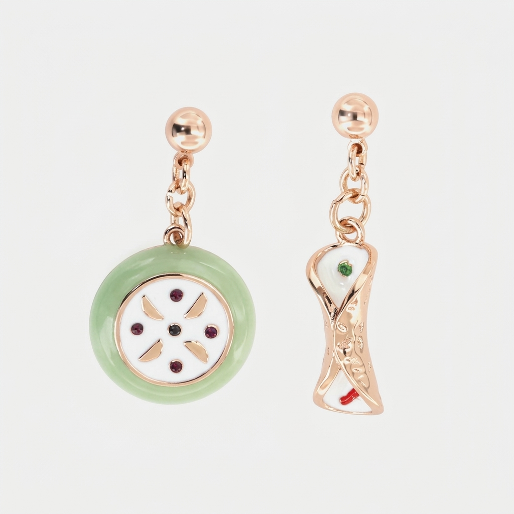 Orecchini pendenti asimmetrici BySimon della collezione Etna in oro rosa, con charm smaltati a forma di cassata siciliana e cannolo con dettagli rossi e verdi.