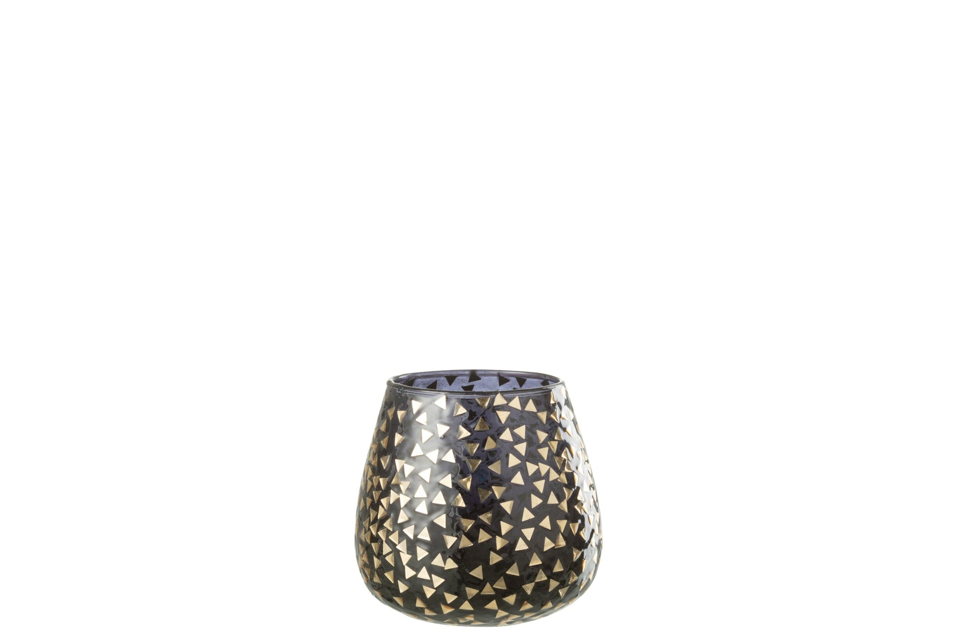 Portacandele decorativo in vetro nero semitrasparente caratterizzato da una raffinata trama geometrica a piccoli triangoli dorati che rivestono l'intera superficie bombata. Questo elegante bicchiere portacandela lascia trasparire una luce calda e soffusa, rendendolo un complemento d'arredo di design ideale per creare un'atmosfera accogliente in casa.