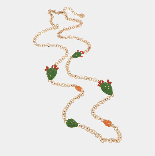 Collana argentata BySimon della collezione Etna con catena a boules, pendenti a forma di pale di fico d'india smaltate verdi e charm laterale della Trinacria multicolore.