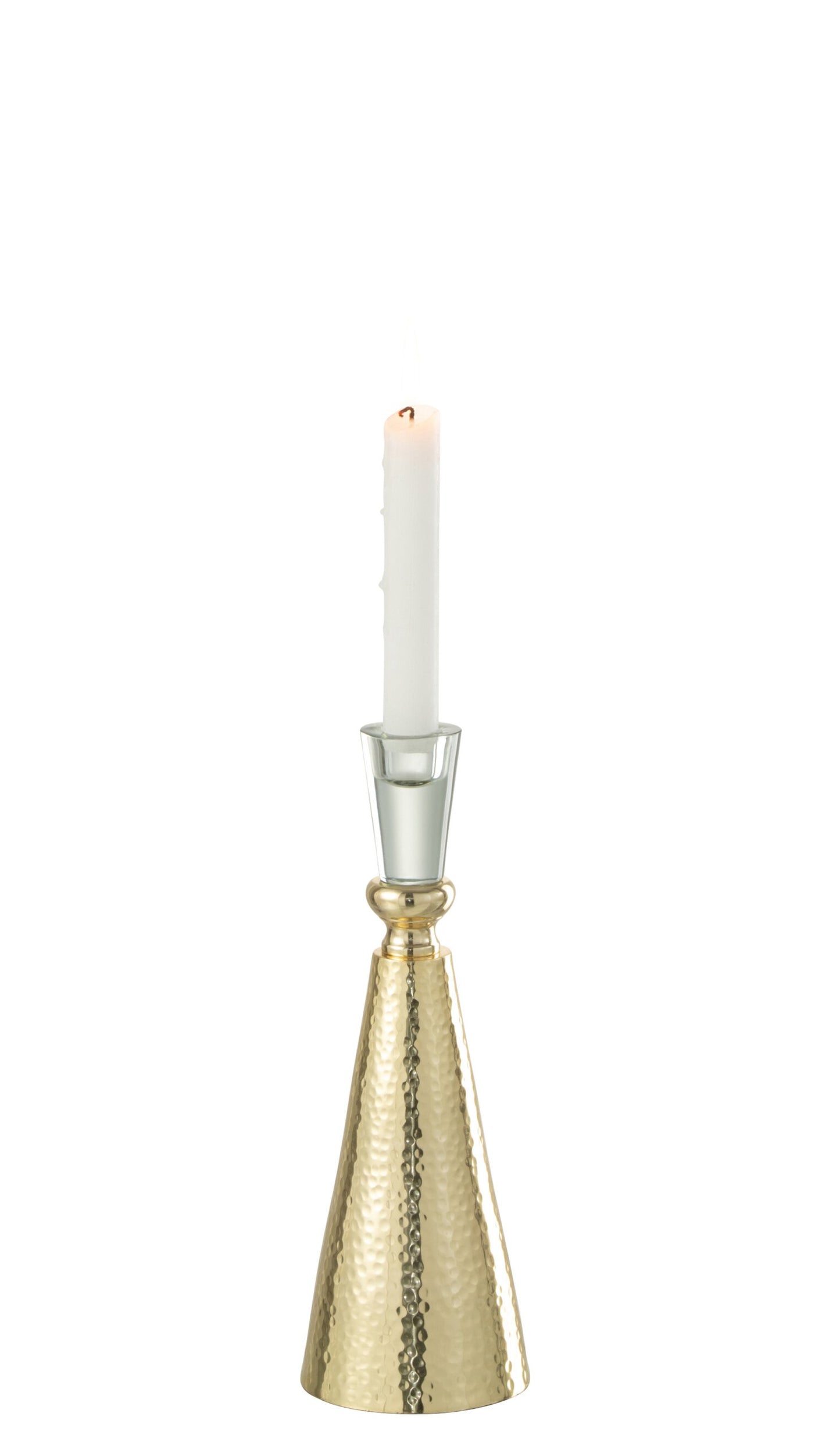 Candeliere oro e trasparente piccolo caratterizzato da una base metallica a forma di cono allungato con una raffinata finitura martellata lucida. La parte superiore si completa con un elegante portacandela in vetro liscio trasparente a forma di calice svasato, perfetto come raffinato elemento decorativo o centrotavola per impreziosire gli ambienti di casa.