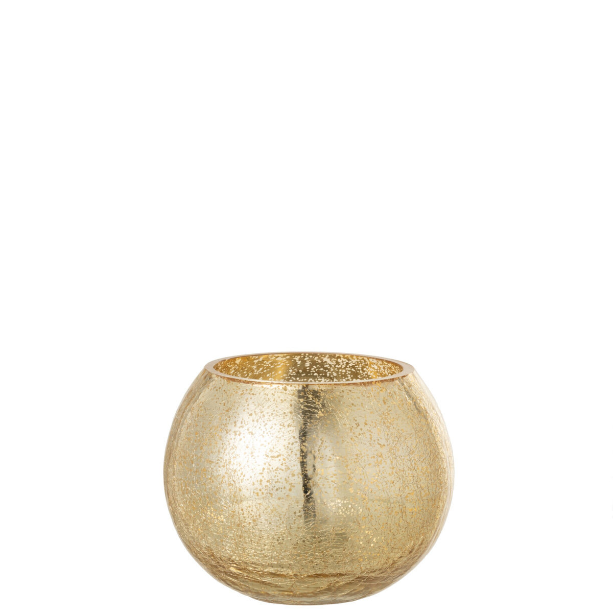 Portacandela a sfera in vetro con finitura oro screpolata e piccole macchie dorate luminose. Elemento decorativo da appoggio, ideale per l'home décor e come idea regalo.