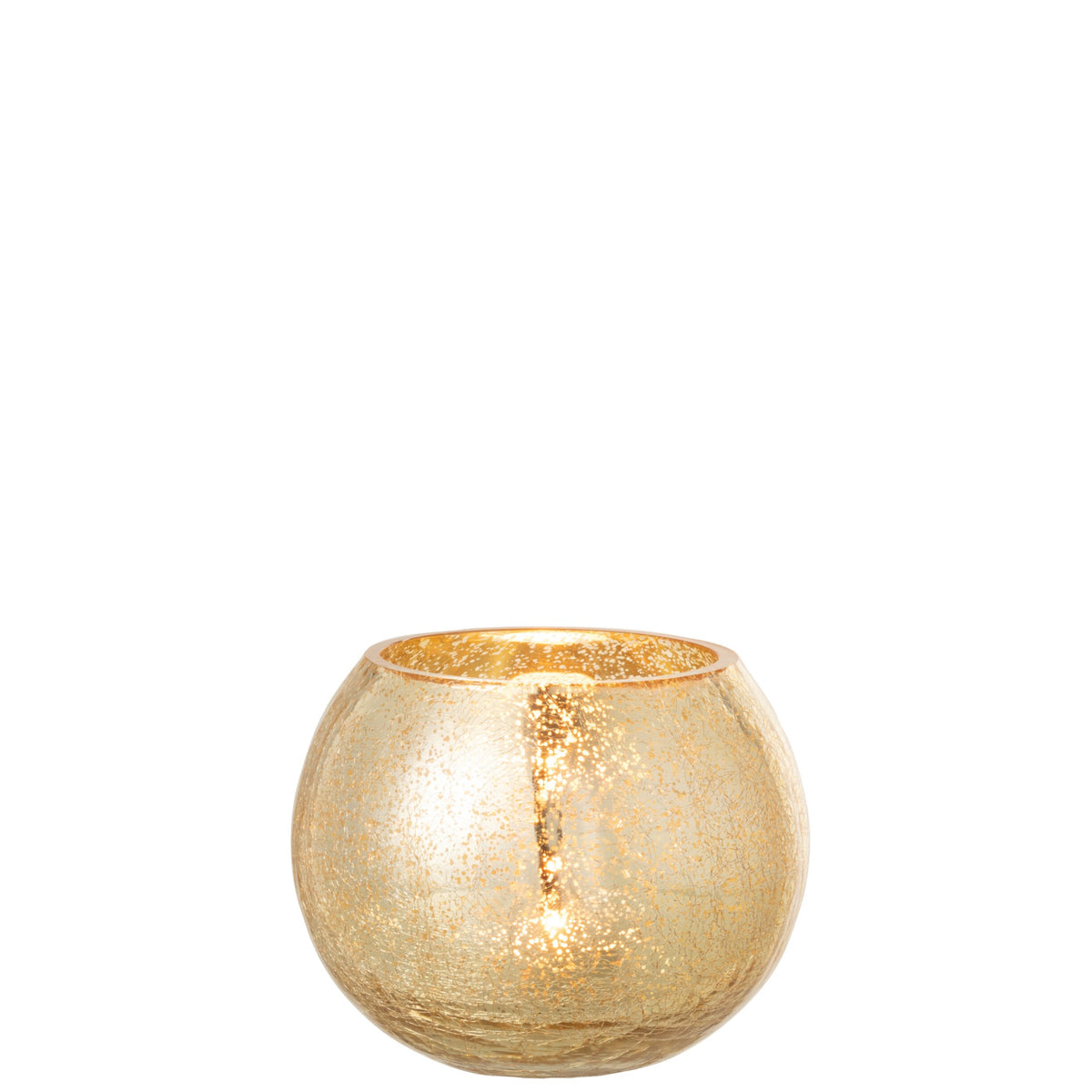Portacandela a sfera in vetro con finitura oro screpolata e piccole macchie dorate luminose. Elemento decorativo da appoggio, ideale per l'home décor e come idea regalo.
